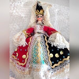 SALE Vintage European Souvenir Porcelain Faced Doll w/Stand. Mint Condition